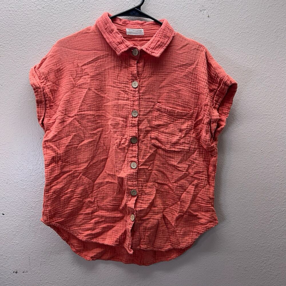 Just Living Women's Orange Coral Short Sleeve‎ Button Up Gauze Blouse Size M
